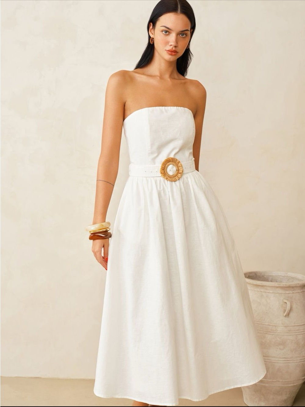 Strapless White Midi Dress with Statement Belt - Picture 3 of 5